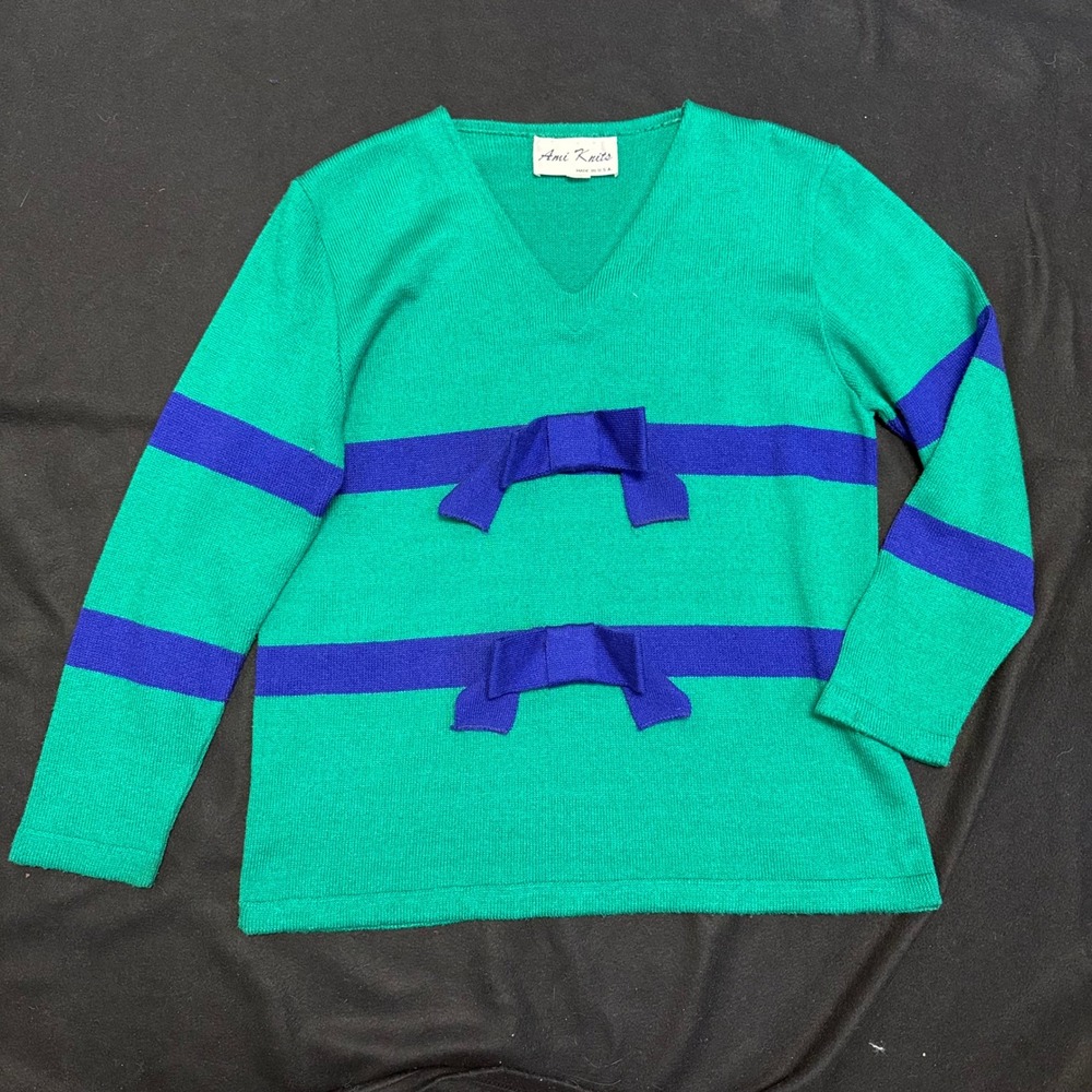Ami Knits Vintage Green Blue Bow Knit‎ Sweater Size 16 V Neck Long Sleeve